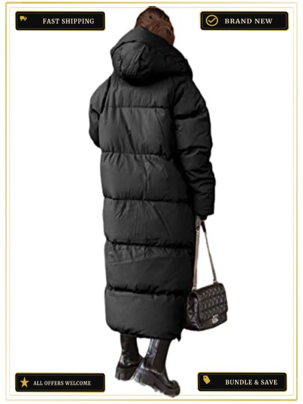 Women's Long Quilted Puffer Coat Hooded Maxi Length Winter Outerwear - Picture 3 of 6